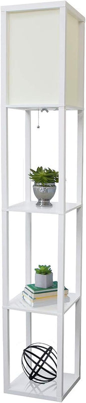 Simple Designs LF1014-WHT-LB Three Shelf Etagere Organizer Storage Floor Lamp with White Linen Shade for Living Room, Bedroom, Office, Hallway, White, with Feit LED Bulb Included - LeafyLoom