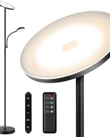 OUTON LED Floor Lamp, 27W/2400LM Modern Torchiere Lamp & 7W/ 400LM Reading Lamp, Bright Dimmable Standing Tall Lamp with 4 Color Temperature, Remote Touch Control for Living Room Bedroom Office, Black - LeafyLoom