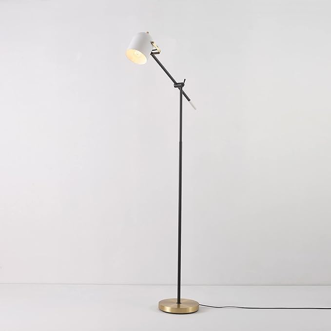 Globe Electric 65910 65" Floor Lamp, Matte Black, Brass Accents, White Shade, On/Off Rotary Switch on Head - LeafyLoom