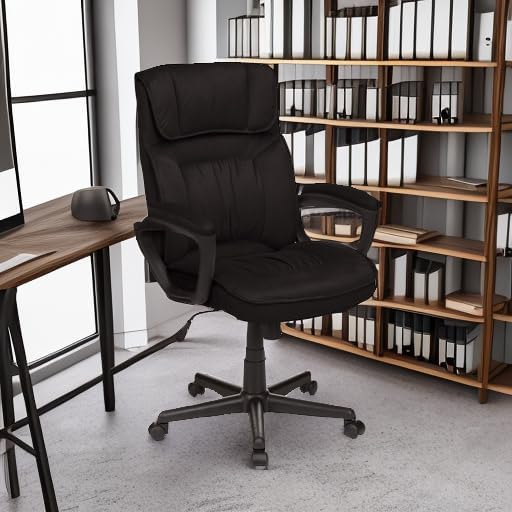 Amazon Basics Classic Office Desk Computer Chair - Adjustable, Swiveling, Ultra-Soft Microfiber, Lumbar Support, 28"D x 25"W x 43.5"H, Black - LeafyLoom