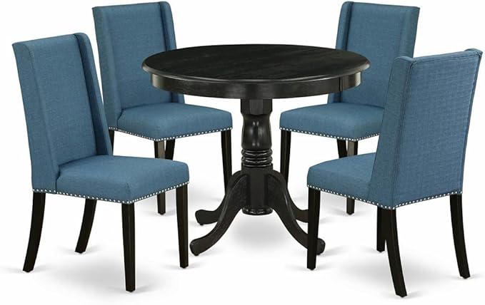 East West Furniture Antique 5 Piece Dinette Set for 4 includes a Round Kitchen Table with Pedestal and 4 Blue Linen Fabric Parsons Dining Chairs, 36x36 Inch, ANFL5-ABK-21 - LeafyLoom