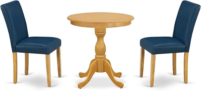 East West Furniture Eden 3 Piece Room Furniture Set Contains a Round Dining Table with Pedestal and 2 Oasis Blue Faux Leather Upholstered Chairs, 30x30 Inch, ESAB3-OAK-55 - LeafyLoom