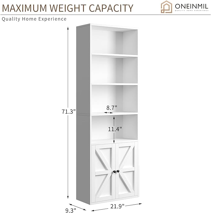 oneinmil 6 Tier Bookshelf and Bookcase, Wooden Bookshelves with Cabinet Doors, Floor Bookshelves and Office Storage Cabinets for Home Office, Living Room,White - LeafyLoom