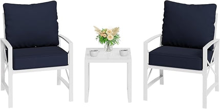Shintenchi 3 Piece White Metal Outdoor Furniture Sectional Set, Modern Outdoor Metal Chair Conversation Furniture Set with Coffee Table for Patio,Backyard,Balcony (Dark Blue) - LeafyLoom