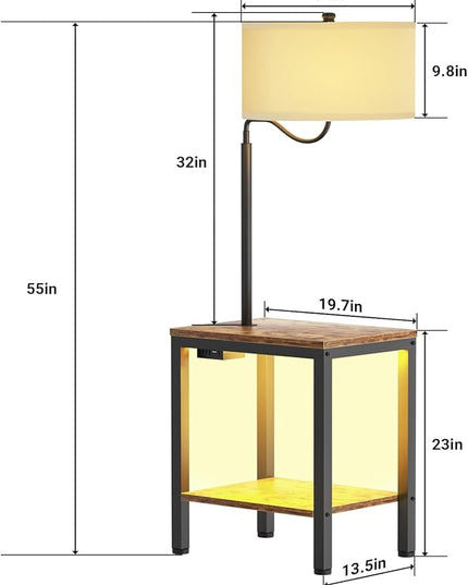 LED Floor Lamp with Table - Rustic Side Table with LED Light and Power Outlet, Bedside Nightstand with Lamp, End Table with Lamp Attached for Living Room, Bedroom, USB Ports, Bulb Included - LeafyLoom