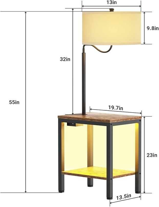 LED Floor Lamp with Table, Rustic Brown Side Table with LED Light and Power Outlet, Nightstand with Lamp, End Table with Lamp Attached for Living Room Bedroom, USB Ports, Bulb Included, 2 Pack - LeafyLoom