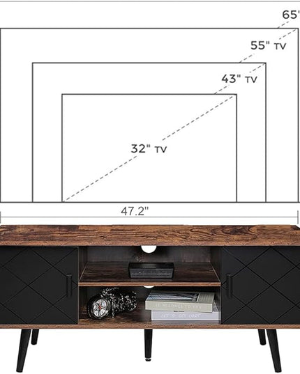 Iwell TV Stand for 55 inch TV, TV Console, Entertainment Center with 2 Cabinets & Open Shelf, Mid Century Modern TV Stand for Living Room/Bedroom, Black - LeafyLoom