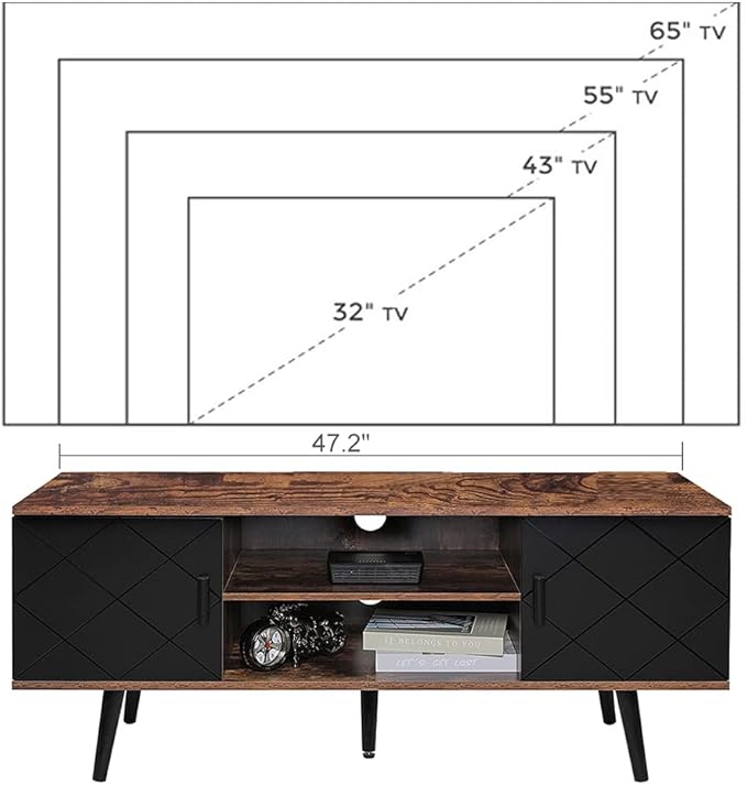 Iwell TV Stand for 55 inch TV, TV Console, Entertainment Center with 2 Cabinets & Open Shelf, Mid Century Modern TV Stand for Living Room/Bedroom, Black - LeafyLoom
