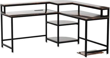 TIYASE L Shaped Desk with Power Outlet and USB Port, 59 in L-Shaped Computer Corner Desk with Storage Shelves, Home Office Desk Workstation with Monitor Stand, Tower Shelf, Rustic Brown - LeafyLoom
