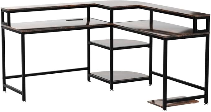 TIYASE L Shaped Desk with Power Outlet and USB Port, 59 in L-Shaped Computer Corner Desk with Storage Shelves, Home Office Desk Workstation with Monitor Stand, Tower Shelf, Rustic Brown - LeafyLoom