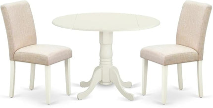 East West Furniture DLAB3-LWH-02 3 Piece Modern Dining Table Set Contains a Round Wooden Table with Dropleaf and 2 Light Beige Linen Fabric Upholstered Chairs, 42x42 Inch, Linen White - LeafyLoom
