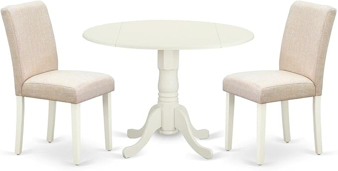 East West Furniture DLAB3-LWH-02 3 Piece Modern Dining Table Set Contains a Round Wooden Table with Dropleaf and 2 Light Beige Linen Fabric Upholstered Chairs, 42x42 Inch, Linen White - LeafyLoom