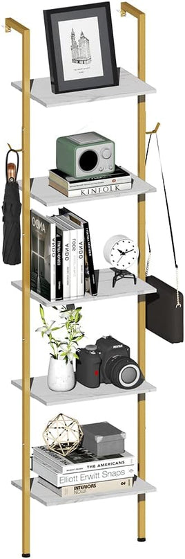 Modern Bookshelf Wall Mounted 5-Tiers Ladder Shelf Gold and White Wooden Bookcase Narrow Thin Bookshelf Open Display Storage Rack for Living Room Bedroom Home Office - LeafyLoom