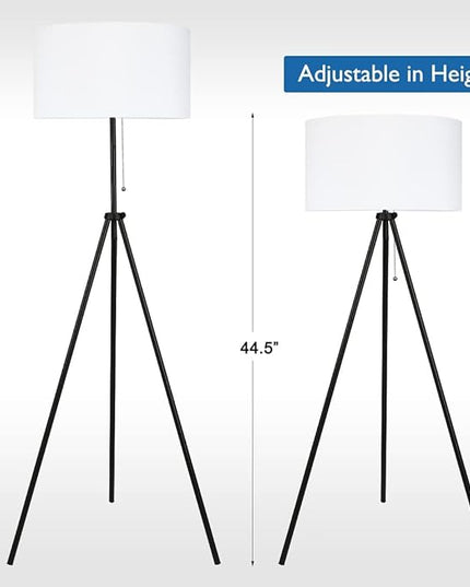 O’Bright Tripod Floor Lamp, Adjustable in Height, 100% Metal Body with Linen Drum Shade, E26 Socket, Bedside Lamp, Standing Light for Living Room, Bedroom, Office, Black - LeafyLoom