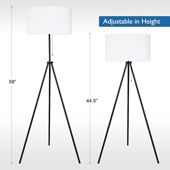 O’Bright Tripod Floor Lamp, Adjustable in Height, 100% Metal Body with Linen Drum Shade, E26 Socket, Bedside Lamp, Standing Light for Living Room, Bedroom, Office, Black - LeafyLoom