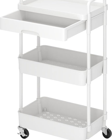 3-Tier Rolling Cart，Trolley with Drawer, Multifunctional Storage Organizer with Plastic Shelf & Metal Wheels, Kitchen Storage Cart for Living Room, Kitchen, Office, Bathroom, White - LeafyLoom