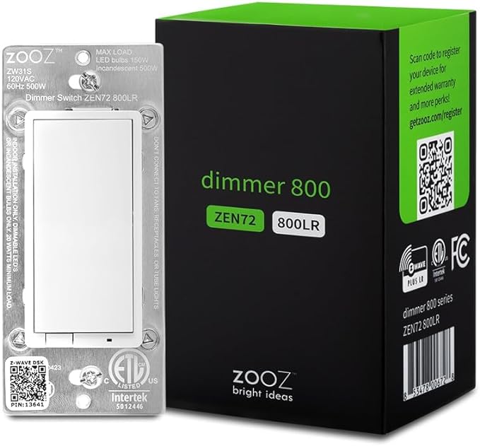 Zooz 800 Series Z-Wave Long Range Dimmer Switch ZEN72 800LR, White | Direct 3-Way (No Add-On Switch Needed) | Z-Wave Hub Required ZOOZ