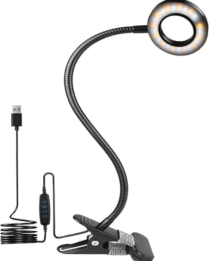 Clip on Desk Lamp, 48 LED Eye Caring Reading Light with 3 Color Modes 10 Brightness, Dimmer 360°Flexible Gooseneck USB Clamp for Reading, Working, Studying, Makeup, Nail Art (Black) - LeafyLoom
