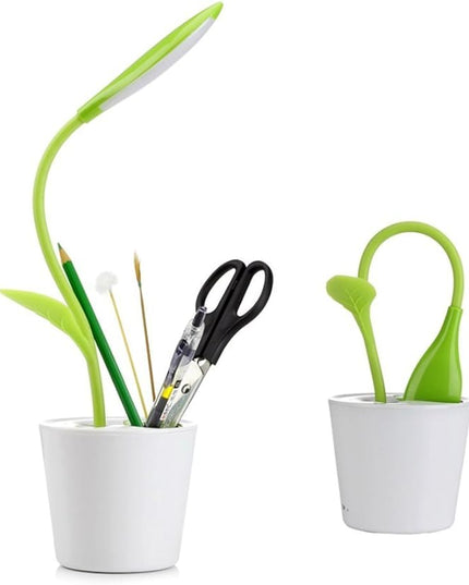 Flexible USB Touch Desk Lamp, Flexible Neck LED Desk Lamp 3 Level of Brightness Sapling Pot with Plant Pencil Holder for Office Study Reading (Dark Green) - LeafyLoom