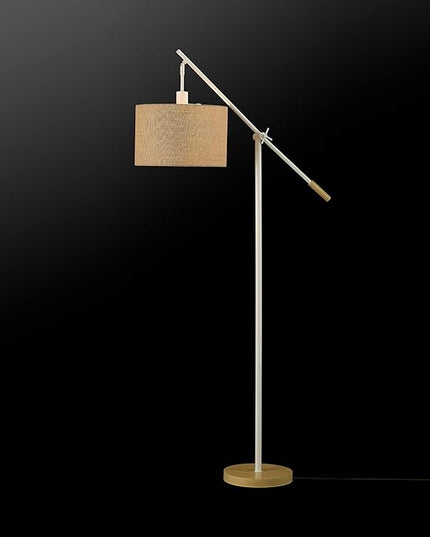 Globe Electric Serena 66" Floor Lamp, Matte White, Faux Wood Accents, Jute Shade, Dimmable Rotary Switch on Socket - LeafyLoom