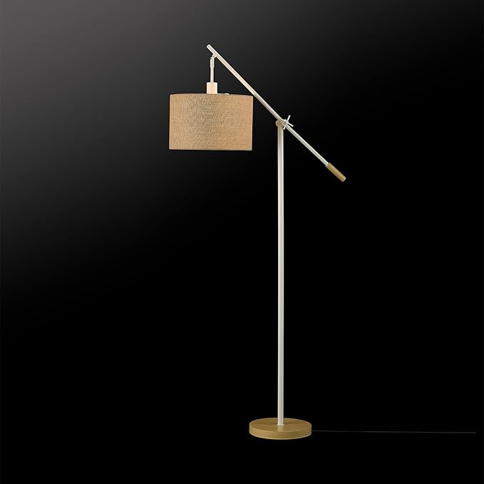 Globe Electric Serena 66" Floor Lamp, Matte White, Faux Wood Accents, Jute Shade, Dimmable Rotary Switch on Socket - LeafyLoom