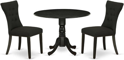 East West Furniture DLGA3-BLK-24 3 Piece Kitchen Table & Chairs Set Contains a Round Dining Room Table with Dropleaf and 2 Black Linen Fabric Parsons Dining Chairs, 42x42 Inch, Black - LeafyLoom