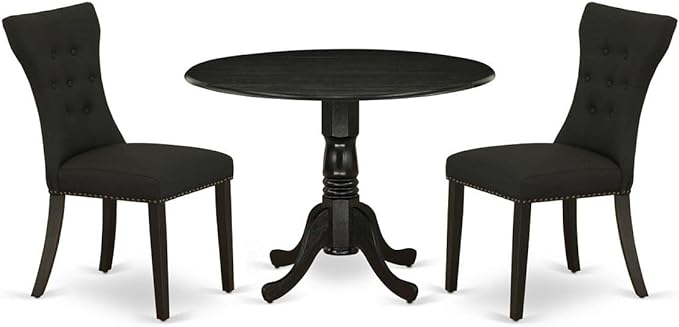 East West Furniture DLGA3-BLK-24 3 Piece Kitchen Table & Chairs Set Contains a Round Dining Room Table with Dropleaf and 2 Black Linen Fabric Parsons Dining Chairs, 42x42 Inch, Black - LeafyLoom