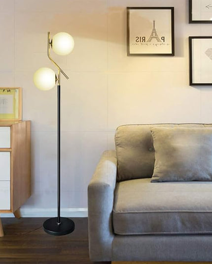 Hsyile Lighting KU300208 Modern Style Two Milky White Glass Orbs and Brass Finish Floor Lamp for Living Room,Bedroom,Office,Hotel,Light Pole and Base Black Finish - LeafyLoom