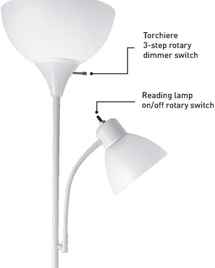 Globe Electric 67136 72" Torchiere Floor Lamp + Adjustable Reading Light, Matte White, Frosted Plastic Shade, 3-Step Rotary Switch on Socket, Living Room Décor, Reading Light, Home Essentials - LeafyLoom