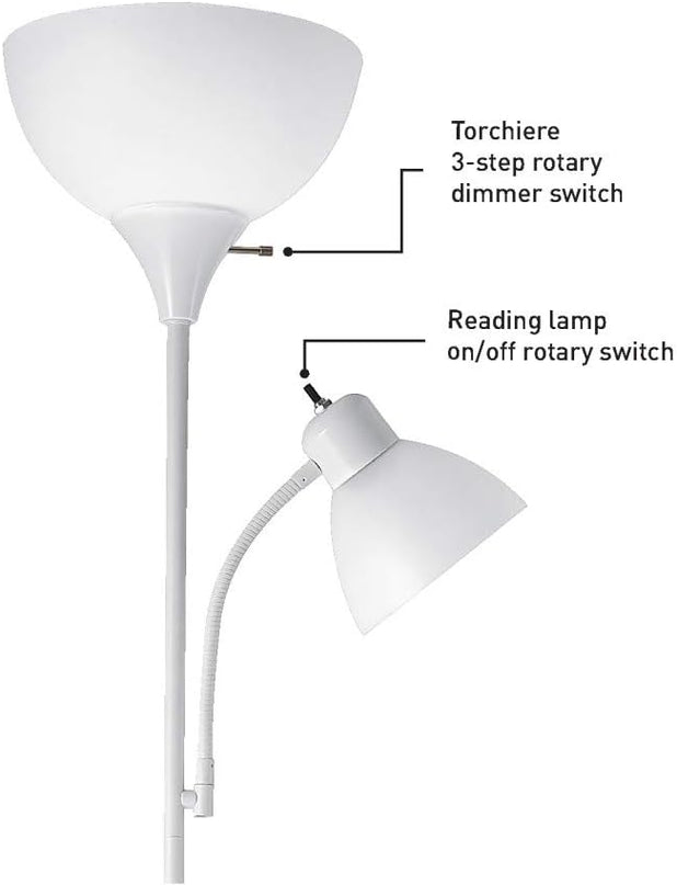 Globe Electric 67136 72" Torchiere Floor Lamp + Adjustable Reading Light, Matte White, Frosted Plastic Shade, 3-Step Rotary Switch on Socket, Living Room Décor, Reading Light, Home Essentials - LeafyLoom