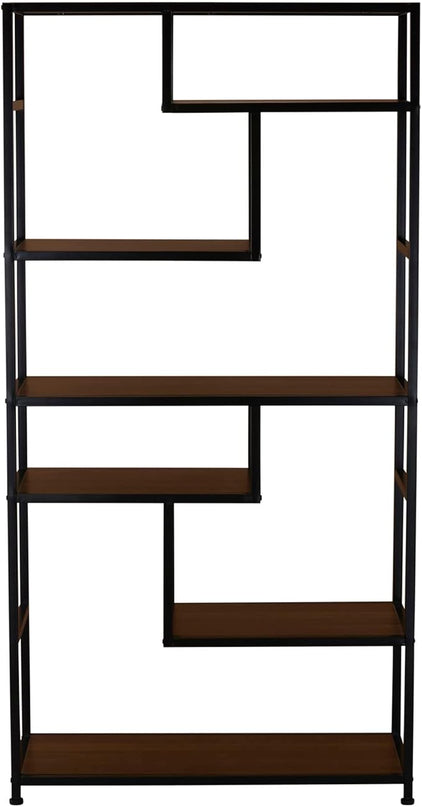 Household Essentials Jamestown Tall 6 Shelf Open Storage Bookshelf Mid Century Walnut Wood Grain and Black Metal - LeafyLoom