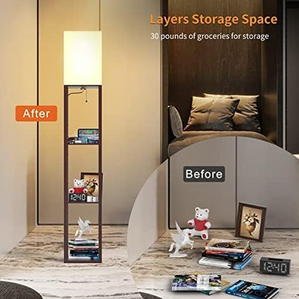 PAZZO Floor Lamp with Shelves by Solid Wood, Modern Shelf Floor Lamp with 3 Color Temperature, Linen Lampshade and Storage Shelves for Living Room, Bedroom, Bulb Included(Brown) - LeafyLoom