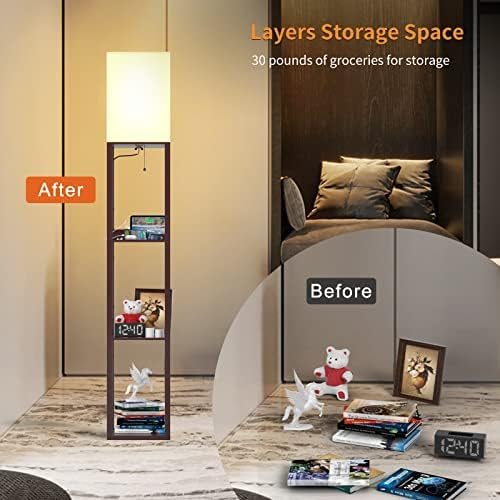 PAZZO Floor Lamp with Shelves by Solid Wood, Modern Shelf Floor Lamp with 3 Color Temperature, Linen Lampshade and Storage Shelves for Living Room, Bedroom, Bulb Included(Brown) - LeafyLoom