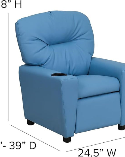 Flash Furniture Chandler Vinyl Kids Recliner with Cup Holder and Safety Recline, Contemporary Reclining Chair for Kids, Supports up to 90 lbs., Light Blue - LeafyLoom