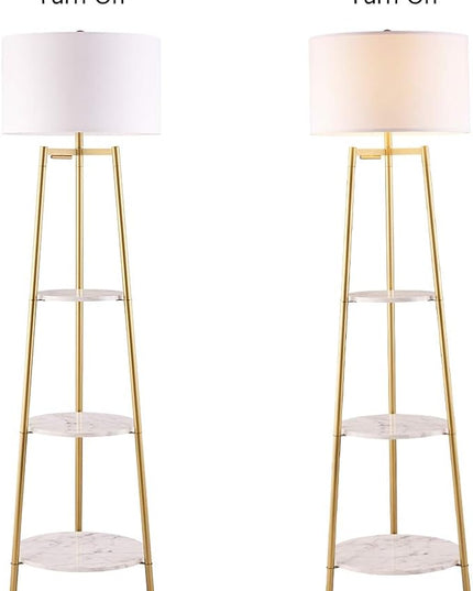 Floor Lamp, Standing Reading Light with Faux Marble Shelves and Fabric Shade, Modern Tall Pole, Accent Furniture Décor Lighting for Living Room, Bedrooms - LeafyLoom