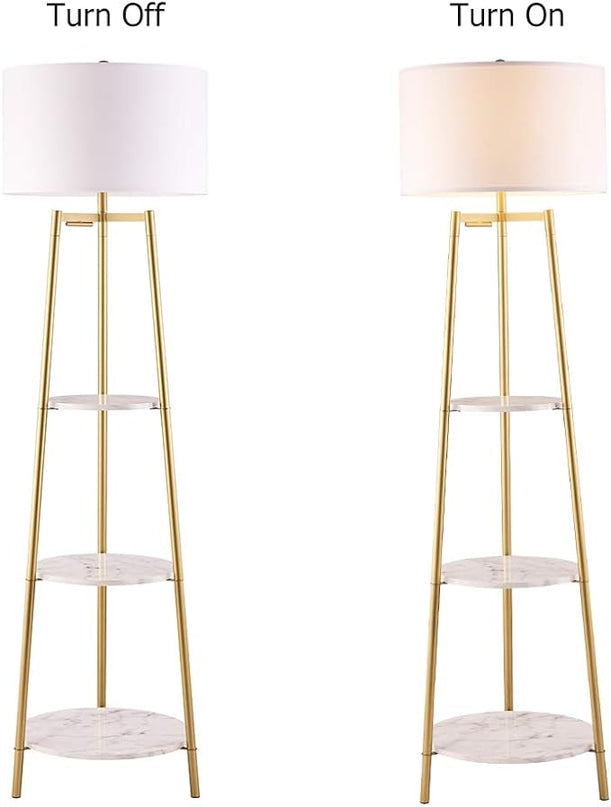 Floor Lamp, Standing Reading Light with Faux Marble Shelves and Fabric Shade, Modern Tall Pole, Accent Furniture Décor Lighting for Living Room, Bedrooms - LeafyLoom