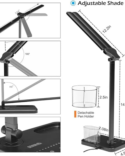 GERINTECH Dual Shade LED Desk Lamp with USB Charging Port & Pen Holder, Bright Table Lamp with Auto Shut-off Timer, 10 Adjustable Brightness, 5 Color Modes (Black) - LeafyLoom