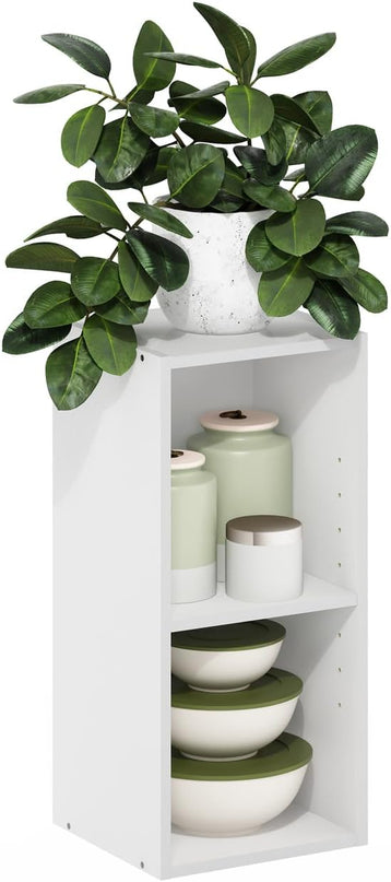 Furinno Fulda 2-Tier Space Saving Storage Shelf Bookcase, 10-Inch Width, White - LeafyLoom