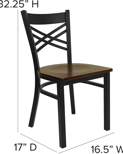 Flash Furniture HERCULES Series Black ''X'' Back Metal Restaurant Chair - Mahogany Wood Seat - LeafyLoom