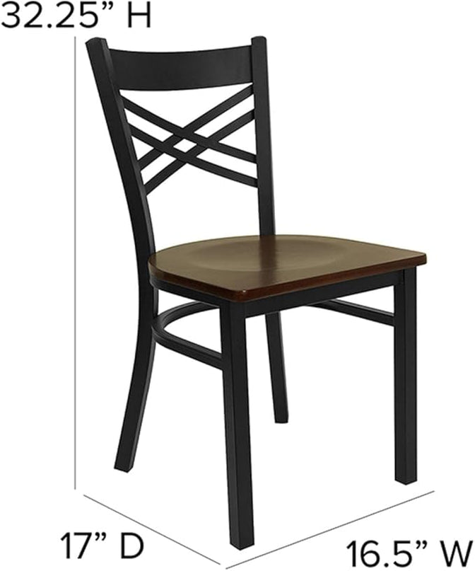 Flash Furniture HERCULES Series Black ''X'' Back Metal Restaurant Chair - Mahogany Wood Seat - LeafyLoom