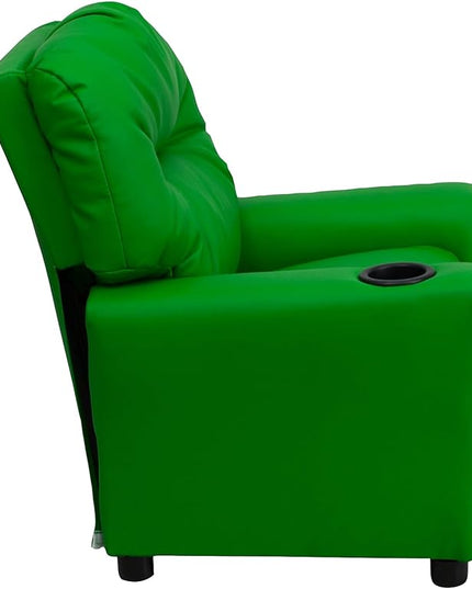 Flash Furniture Chandler Vinyl Kids Recliner with Cup Holder and Safety Recline, Contemporary Reclining Chair for Kids, Supports up to 90 lbs., Green - LeafyLoom