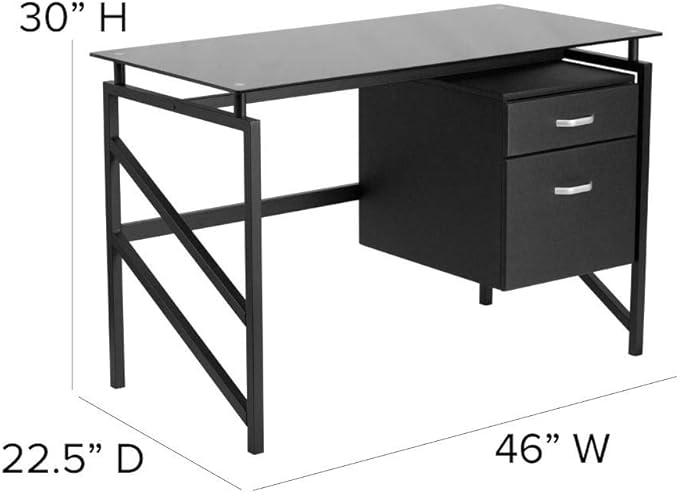 Flash Furniture Singleton Glass Desk with Two Drawer Pedestal,Black - LeafyLoom
