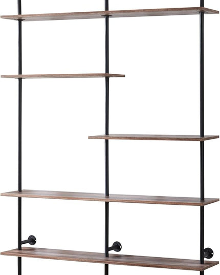 HOMISSUE Industrial Bookshelf 5-Tier Open Wall Mount Ladder Bookshelf, Modern Bookcase with Metal Frame and Wood Style for Home Office, Wall Mounted industrial Iron Pipe Shelf, Oak Brown - LeafyLoom