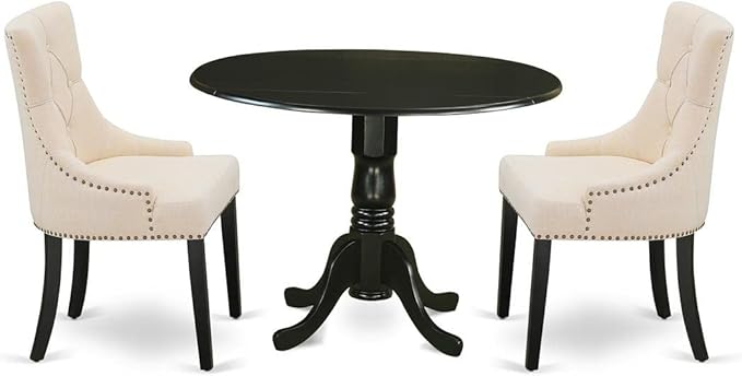 East West Furniture DLFR3-BLK-02 Modern Dinette Set - 2 Dining Chairs with Light Beige Linen Fabric Seat and Button Tufted Back - Solid Wood Drop Leaves Pedestal Dining Table (Black Finish) - LeafyLoom