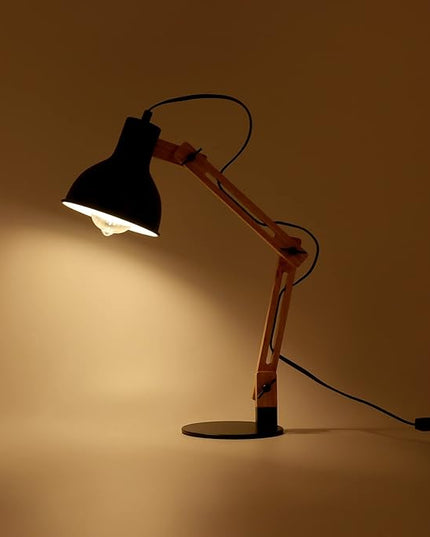 FIRVRE Swing Arm Desk Lamp, Retro Desk Lamp with Adjustable Goose Neck, Architect Wooden Desk Lamp for Bedroom Study Home Office - LeafyLoom