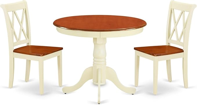 East West Furniture ANCL3-BMK-W Antique 3 Piece Set for Small Spaces Contains a Round Kitchen Table with Pedestal and 2 Dining Chairs, 36x36 Inch - LeafyLoom