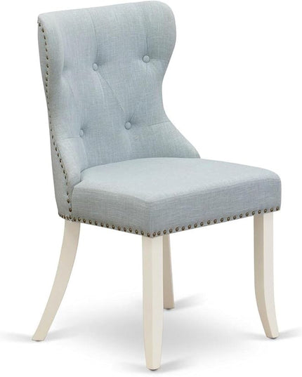 East West Furniture SIP2T15 Sion Parson Kitchen Button Tufted Nailhead Trim Baby Blue Fabric Upholstered Dining Chairs, Set of 2, Linen White - LeafyLoom