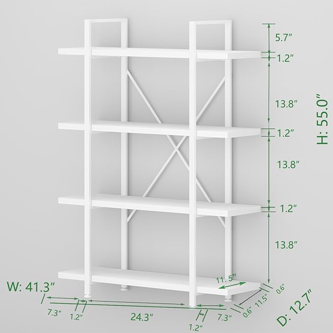 HSH 4 Tier White Bookshelf, Modern 4 Shelf Etagere Bookcase, Industrial Wood and Metal Storage Shelves and Display Book Rack, Farmhouse Open Wide Book Shelf for Bedroom Living Room Office, White Oak - LeafyLoom