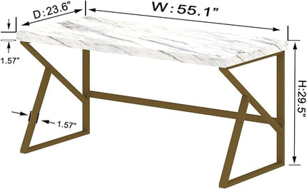 HSH White Faux Marble and Gold Desk, Modern Home Office Executive PC Laptop Computer Desk, Farmhouse Writing Study Work Gaming Table for Bedroom Living Room, Simple Metal Wood Workstation, 55 Inch - LeafyLoom