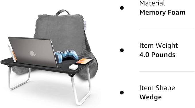 Nestl Reading Pillow with Portable Laptop Lap Desk, Velvet Feel Back Pillow for Sitting in Bed, Shredded Memory Foam Back Support Pillow for Bed, Bed Rest Pillow with Arms, Standard - Gray - LeafyLoom